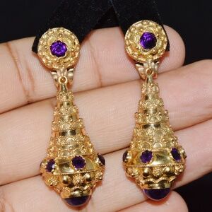 GORGEOUS ITALIAN ETRUSCAN REVIVAL 18K 750 SOLID GOLD AMETHYST DANGLE EARRINGS